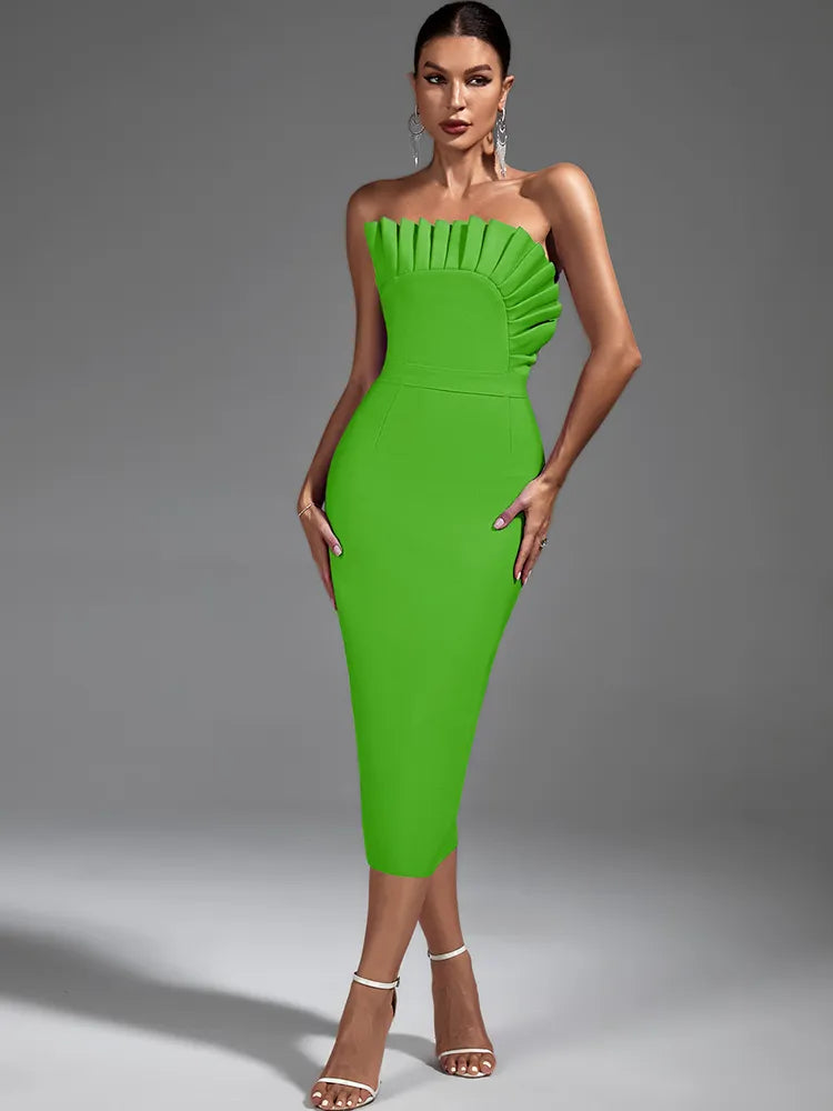 Vestido Midi Verde Plissado Sem Alças